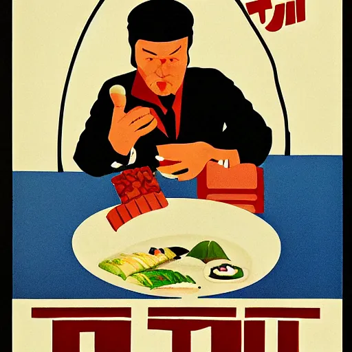 Prompt: het! soviet man refusing tuna sushi, soviet propaganda, poster, by viktor govorkov, iconic, nyet!