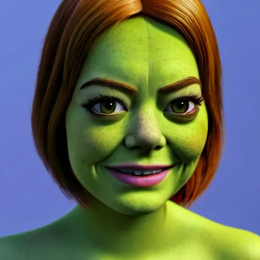 Image similar to Emma Stone as a female version of Shrek, Shrek face features, fully detailed, high quality , 4k , octane render , soft lightening , masterpiece