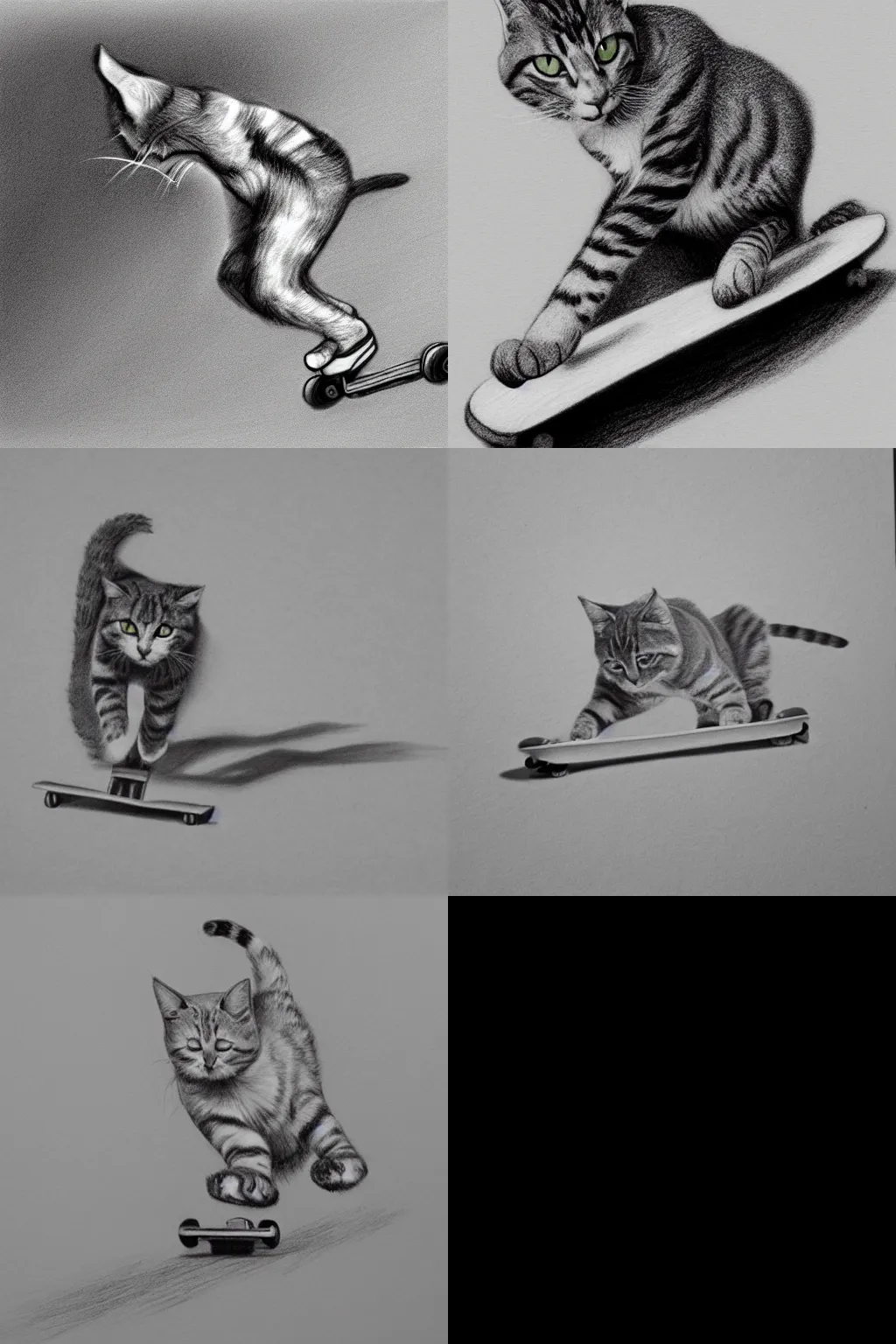 Prompt: pencil drawing of a cat skateboarding at the part