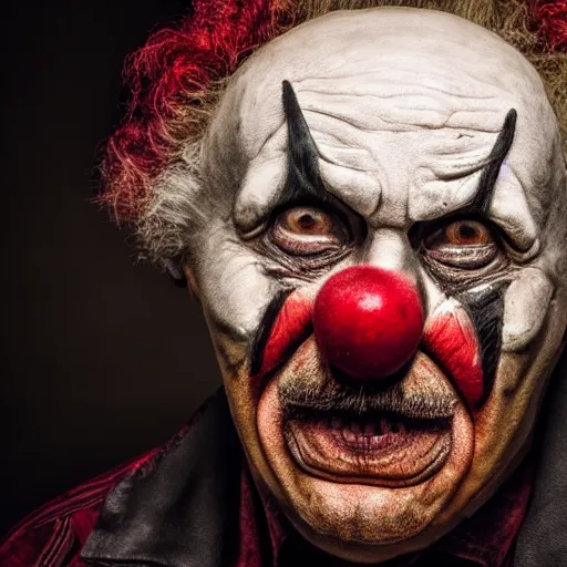 Image similar to an very old clown with a big nose of an alcoholic, fierce look, studio photograph, soft lighting