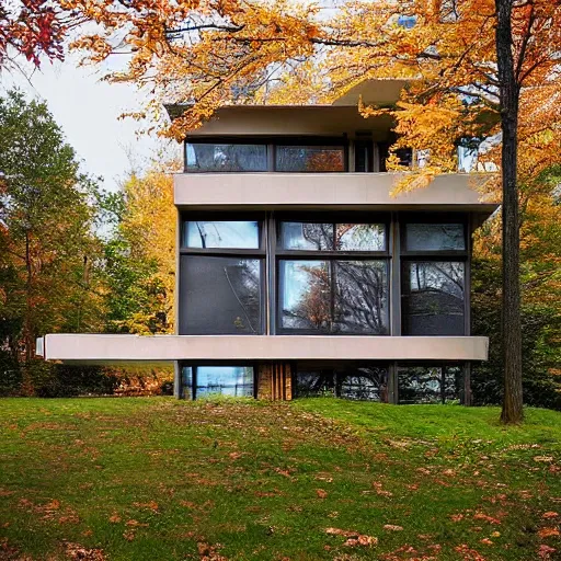 Prompt: “an American house design as a hybrid Usonian and brutalist style. During autumn. Real estate photography”