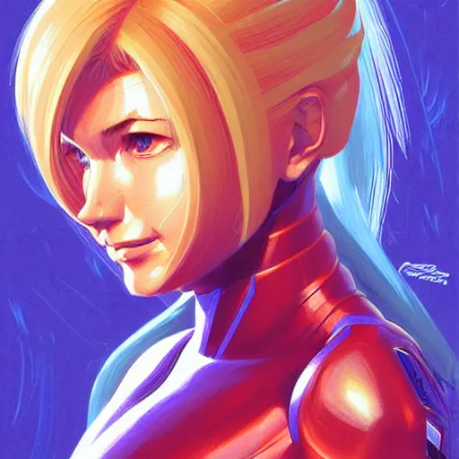 Image similar to head and shoulders portrait of Zero Suit Samus, illustration, medium shot, intricate, elegant, highly detailed, digital art, sharp lines, ffffound, art by Fernanda Suarez and Greg Manchess and Sachin Teng