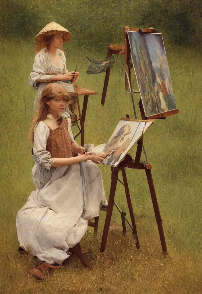 Prompt: peasant girl sitting on a grass in front of a easel and drawing painting on a canvas, Cottage core, Cinematic focus, Polaroid photo, vintage, neutral colors, soft lights, foggy, by Steve Hanks, by Serov Valentin, by Andrei Tarkovsky, 8k render, detailed, oil on canvas