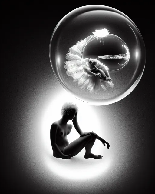 Image similar to black and white lithography of a young beautiful delicate translucent luminous cyborg - owl giving birth to the new world in a bubble, inspired by michelangelo, spiritual, halo, glory, rim light, cinematic, studio dramatic light, poetic, surreal mythical dreamy dark artistic masterpiece, octane render, 8 k, photo