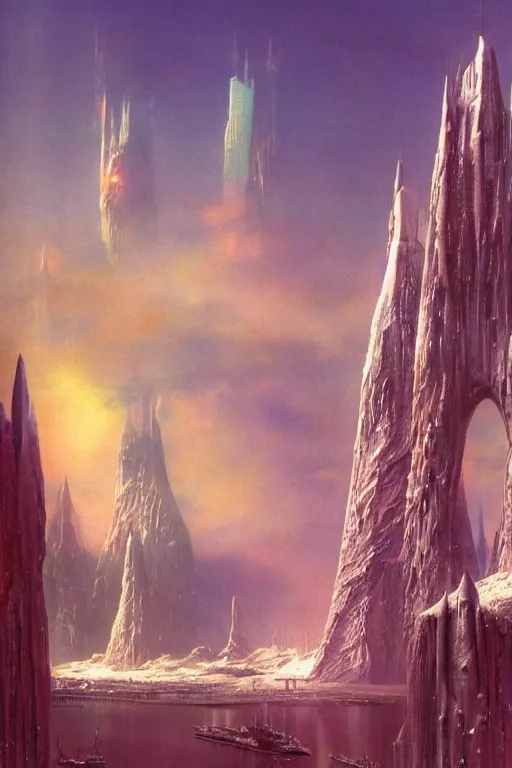 Prompt: a city in an frozen world landscape, cosmic sky sci - fi vivid by bruce pennington