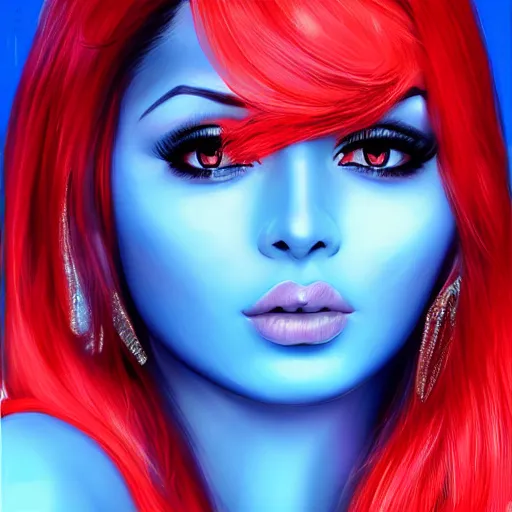 Prompt: portait of haifa wehbe, perfect lips, long hair blue centred, hd, very detailed curve, digital painting, art painting, unreal engine, final fantasy style, amazing red orange background theme