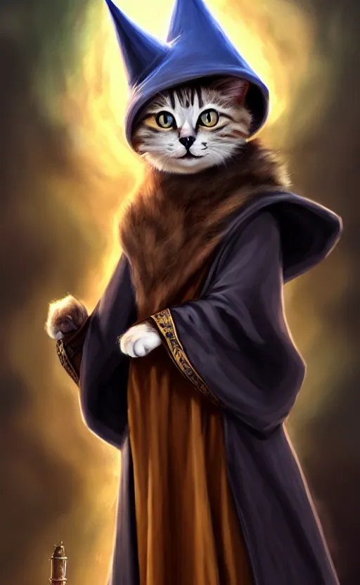 Image similar to matte oil painting of a bipdel cat wearing long wizard robes, anthropomorphic cat wearing a big wizard hat, dnd, character reveal, magic, posing, full body portrait, high resolution, detailed, inspiring, award - winning, clear, crisp, sharp