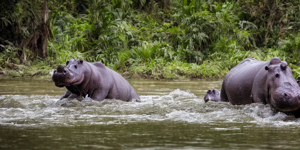 Image similar to nature photographer's photo of a hippo with in a river in the jungle, attacking the photographer. extremely high detail, ominous natural lighting