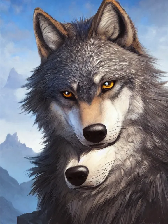 Prompt: 3/4 headshot portrait of cute anthro wolf man, handsome, fantasy, intricate, long muzzle, wolf ears, fursona, black fur, elegant, highly detailed, digital painting, artstation, concept art, smooth, sharp focus, illustration, art by artgerm and greg rutkowski and alphonse mucha bright sandy beach in background