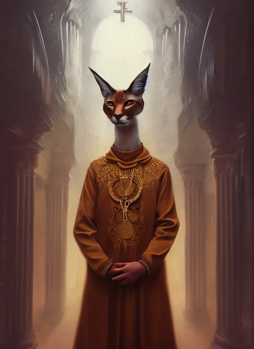 Image similar to surrealistic closeup portrait of anthropomorphic caracal in golden priest clothes wearing vr in orthodox church, bokeh, foggy, dynamic lighting, darkness, ambients, dramatic, foggy, heavy bokeh and blur, cinematic, depth of field, art by bussiere rutkowski andreas rocha