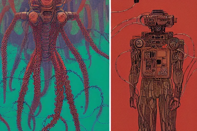 Image similar to risograph grainy drawing vintage sci - fi, satoshi kon color palette, gigantic gundam full - body covered with human bodies and wires, with lot tentacles, codex seraphinianus painting by moebius and satoshi kon and dirk dzimirsky close - up portrait