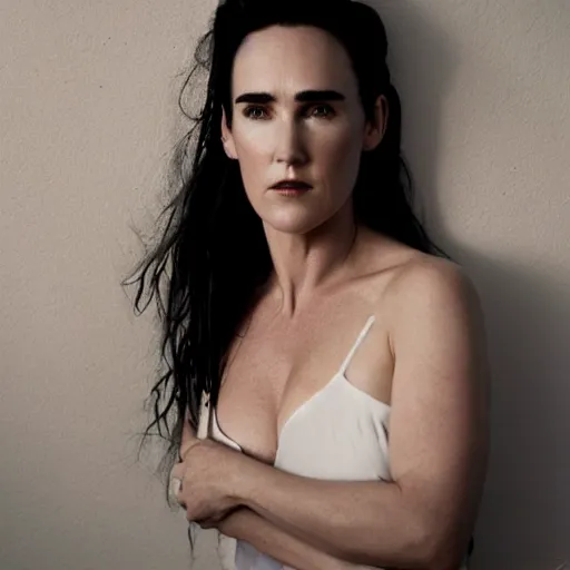 Prompt: photo of Jennifer Connelly, with a cyberpunk white robotic body, white background, fine art photography in the style of Bill Henson