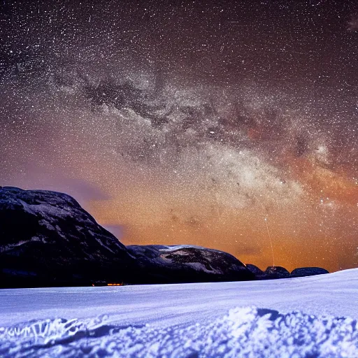 Prompt: a 3 5 mm photograph of the milky way during a starry night over a norway landscape in the winter full of snow