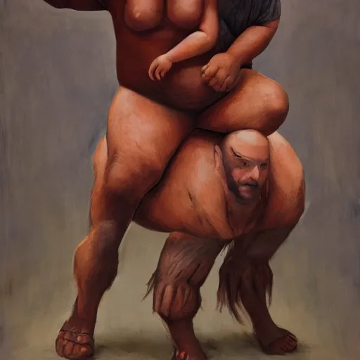 Image similar to a little person rides on the shoulder's of a huge 7 ft tall 5 0 0 pound man. hyperreal - h 6 4 0