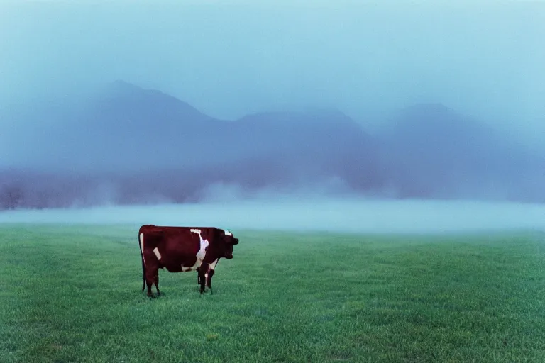 Image similar to film color photography, cow in the blue fog at the lawn, mountains in distance, 35mm