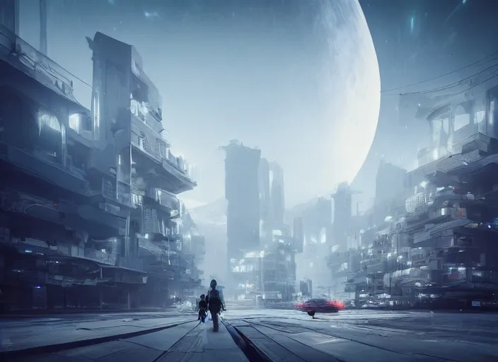 Image similar to a futuristic city moonwalker photo, city art of city street on the moon, a detailed image of a future norilsk base, cyberpunk art by neil blevins, cgsociety, fantasy art, dystopian art, cryengine, redshift vibes