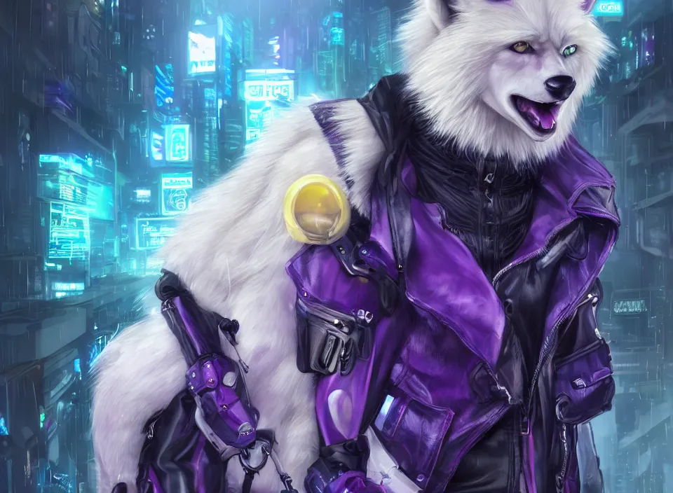 Image similar to award winning beautiful portrait commission of a male furry anthro albino wolf fursona with a tail and a cute beautiful attractive detailed furry face wearing stylish black, purple and yellow cyberpunk biker clothes riding a cybertech motorcycle in a cyberpunk city at night while it rains. Character design by charlie bowater, ross tran, artgerm, and makoto shinkai, detailed, inked, western comic book art