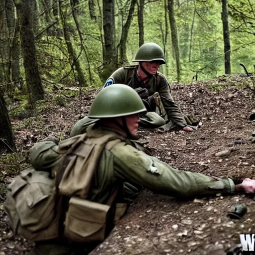 Image similar to ww 2 battlefield encounter in the woods between 2 american soldiers and a german soldier fighting for their lives