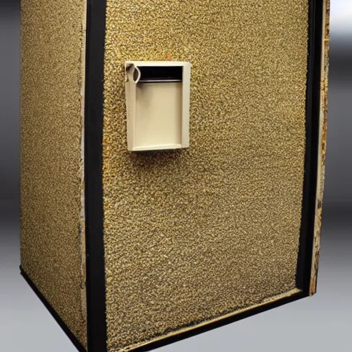 Prompt: a large safe with top secret documents covered in cheese dust