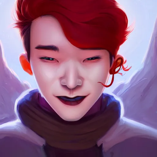 Image similar to a portrait of a cinematic still of the happy mask salesman with red hair, art by lois van baarle and loish and ross tran and rossdraws and sam yang and samdoesarts and artgerm and saruei and disney, digital art, highly detailed, intricate, sharp focus, trending on artstation hq, deviantart, unreal engine 5, 4 k uhd image