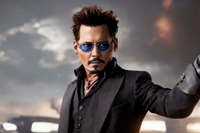 Image similar to film still of Johnny Depp as Tony Stark in new avengers movie, 4k