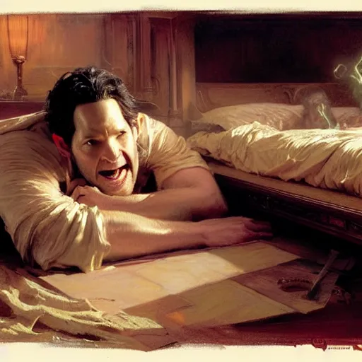 Image similar to paul rudd hiding under his bed, scared because an evil rachel mcadams is attacking him, painting by gaston bussiere, j. c. leyendecker, greg rutkowski, craig mullins 8 k