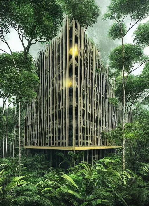 Prompt: “beautiful Amazon forest architecture building , the building is in a forest while there’s a heavy storm, luxury architecture, architecture digest, raining environment, bright tones, fluorescent lighting,volumetric Lighting, photorealism, high detail, golden ratio, cinematic, octane renderer”