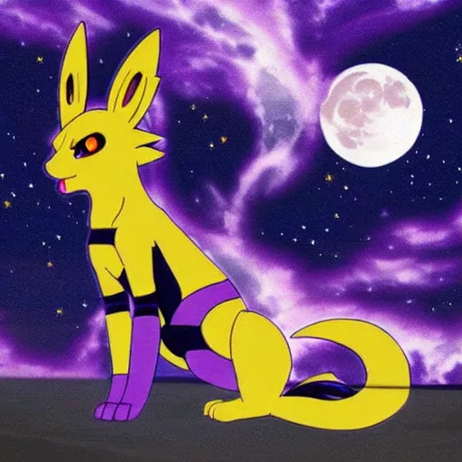 Prompt: Renamon from Digimon Tamers standing in front of the moon by a shimmering lake, sakura petals around her, moonlight, elegant, nighttime, , stars,