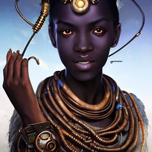 Image similar to african steampunk alchemist, science fiction, highly detailed, digital painting, beautiful eyes, symmetry, concept art, sharp focus, illustration, global illumination, radiant light, detailed and intricate environment, art by artgerm and greg rutkowski and magali villeneuve and ilya kuvshinov!