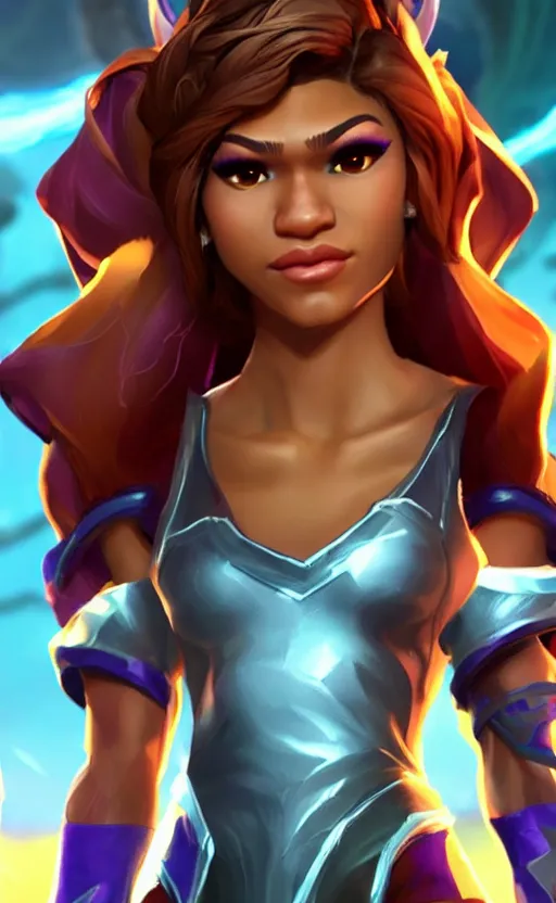 Image similar to Zendaya as a character in the game League of Legends, with a background based on the game League of Legends, detailed face, old 3d graphics