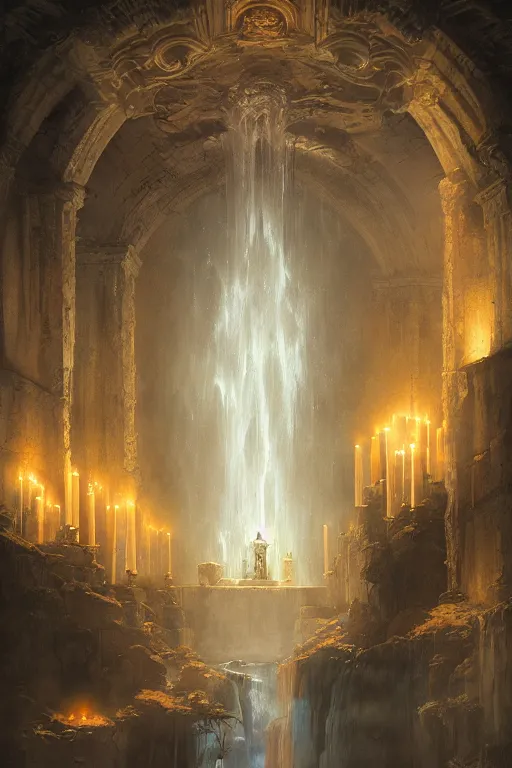 Image similar to Detailed Interior of Monastery Ruins, Waterfall walls, light of god, light shafts, candles, stunning atmosphere, in Style of Peter Mohrbacher, cinematic lighting