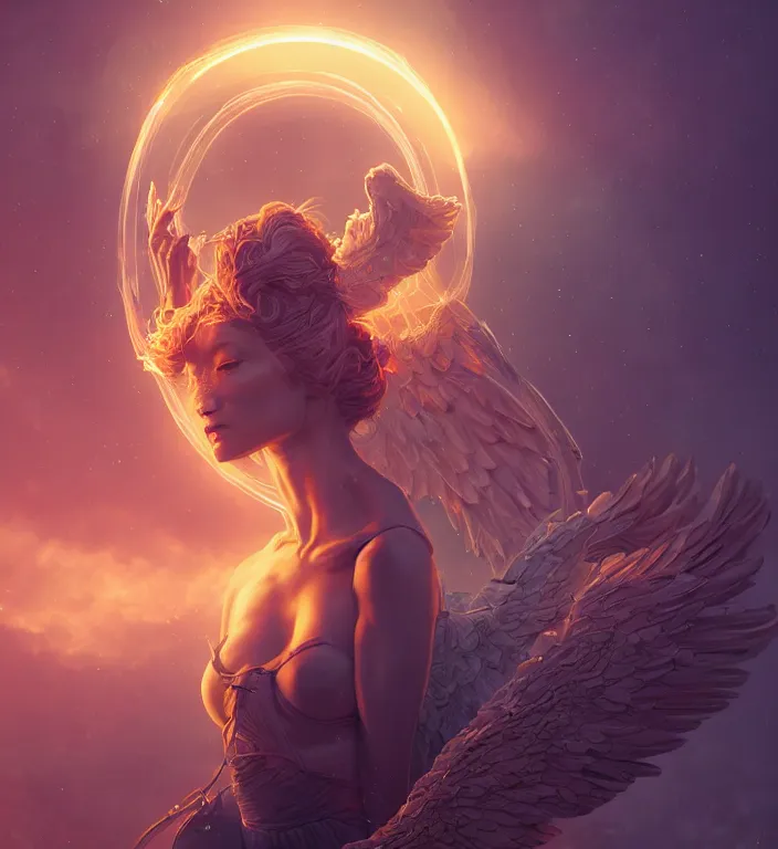 Image similar to centered waist up portrait photography an angel + glowing outlines, bokeh + DOF + 8k, photorealistic + rendered in unreal engine + composition by Peter Mohrbacher + line work by Dan Mumford , ultra realistic + backlit + strong rimlight, sunset + HDRI, HD, Photoreal