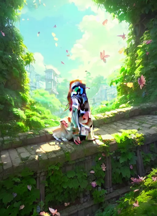 Image similar to girl sitting on a stone stair under a vine rack, many green plant and flower gowing on it, illustration concept art anime key visual trending pixiv fanbox by wlop and greg rutkowski and makoto shinkai and studio ghibli