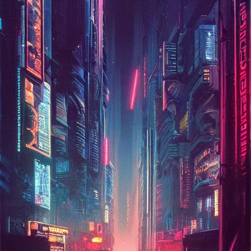 Prompt: huge cyberpunk dystopian megacity with lights and neon billboards, holograms, bladerunner and beksinski painting