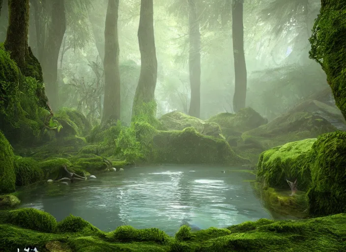 Image similar to A natural pool in a forest with tall trees, overgrown with moss, surrounded by lush plants, vines hanging from the tall trees, pine trees, detailed, digital art, trending on Artstation, atmospheric, volumetric lighting, hyper-realistic, Unreal Engine, sharp