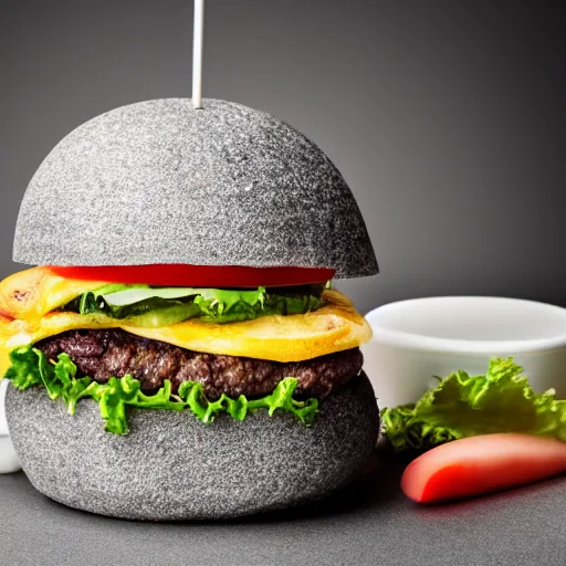 Image similar to Award-winning food photography of a burger made of styrofoam and concrete, dramatic lighting, 8k