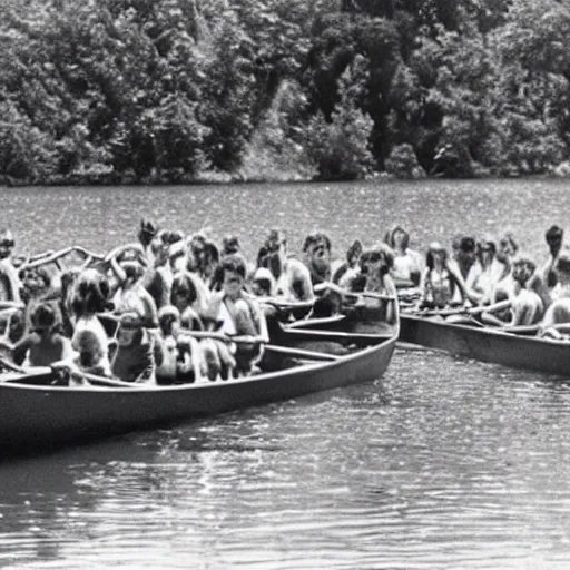 Image similar to a horrible eldritch being made of canoes and canoe paddles, eerie photo, 1 9 8 0 s nostalgic camp photo