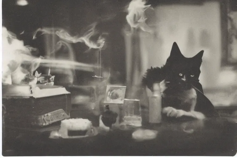 Image similar to polaroid 1 9 8 0's photo, close up portrait, dramatic lighting, concentration, calm confident teen witch and her cat reading tarot card, incense smoke fills the air, a witch hat and cape, ingredients on the table, apothecary shelves in the background, still from harry potter