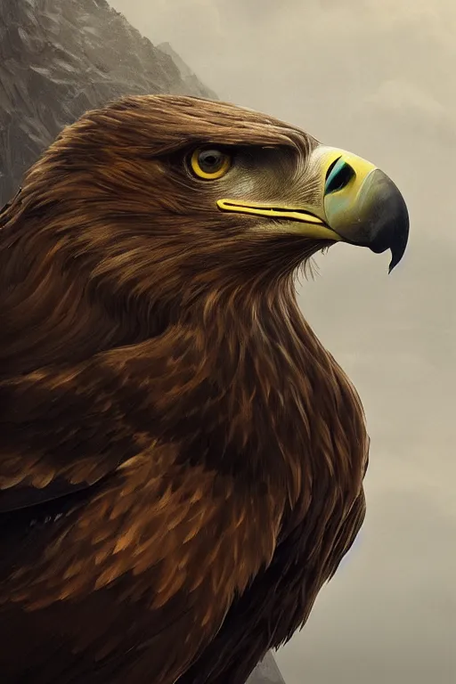 Image similar to portrait, golden eagle on his Nest in the mountains, face portrait, raphael lacoste, eddie mendoza, alex ross, concept art, matte painting, highly detailed, rule of thirds, dynamic lighting, cinematic, detailed, denoised, centerd