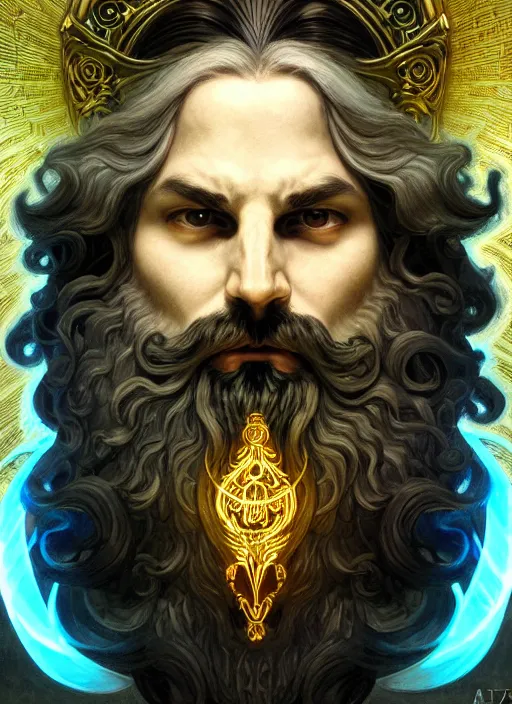 Image similar to angry god zeus, wavy black hair, bushy beard, glowing eyes, volumetric lights, cyan and gold scheme, art nouveau botanicals, gothic, intricate, highly detailed, digital painting, artstation, concept art, smooth, sharp focus, symmetric face, illustration, steampunk, art by artgerm and greg rutkowski and alphonse mucha