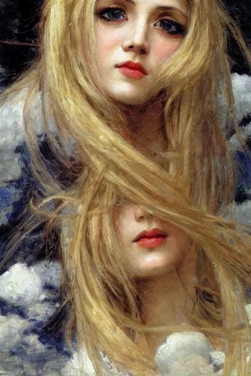 Image similar to close - up fashion blonde woman portrait airy flowers cloudy sky art by vasnetsov