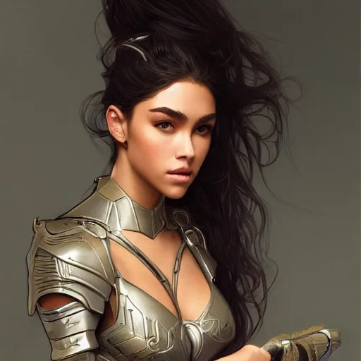 Prompt: portrait of madison beer wearing a skintight knight armor, intricate, elegant, highly detailed, digital painting, artstation, concept art, smooth, sharp focus, illustration, art by artgerm and greg rutkowski and alphonse mucha, 8 k