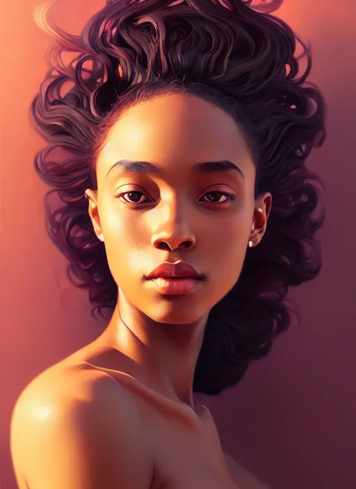 Image similar to beautiful young black women with shoulder length brown hair, half body shot, path traced, highly detailed, high quality, digital painting, alena aenami, lilia alvarado, shinji aramaki, karol bak, alphonse mucha, tom bagshaw