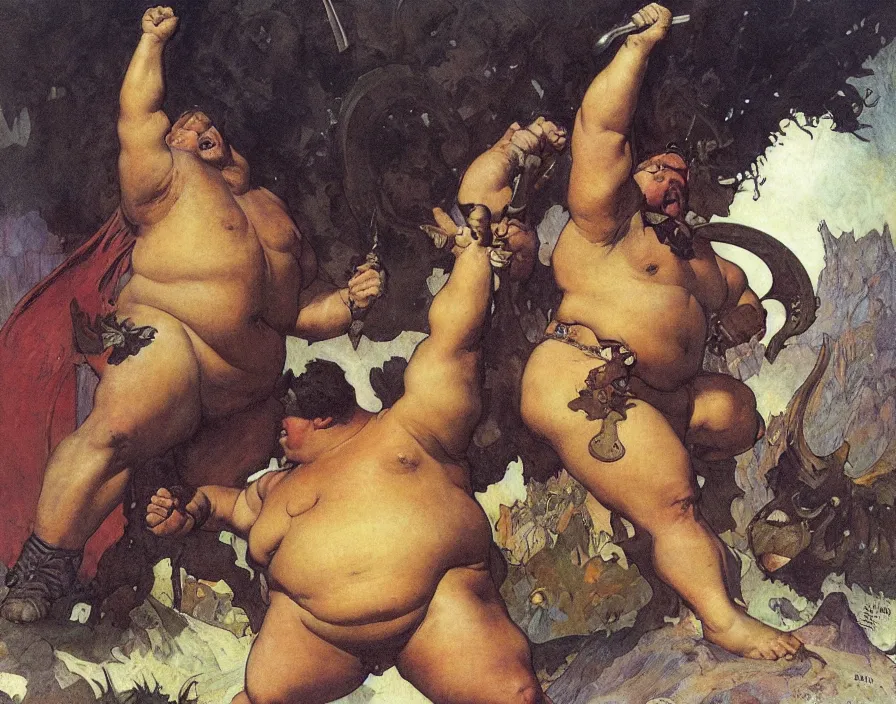 Prompt: a fat warrior stands triumphant over a slain monster, normal rockwell, frank frazetta, mucha bouguereau