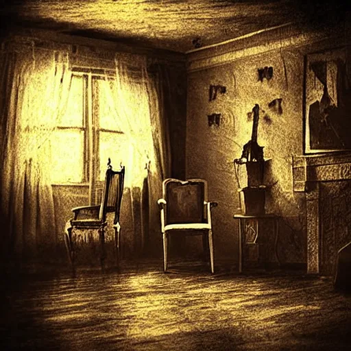 Prompt: Surreal Fantasy Dark Cluttered Attic covered in fibrous Cobwebs Eerie Spooky Dimly Lit by a Kerosene Lamp Lighting Thunder Storm Visible through window Chairs with drapes and boxes of old photos HDR