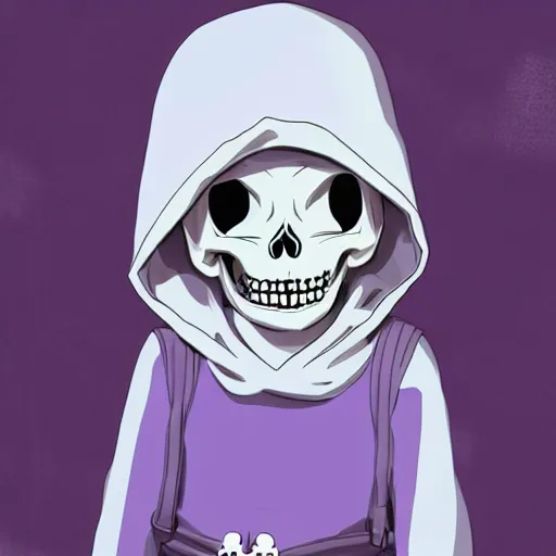 Image similar to cute little boy wearing an skull mask and dressed in an nun outfit, purple color palette, artwork made in heikatsu art syle, inspired in made in abyss and hirohiko araki, ray tracing, soft details