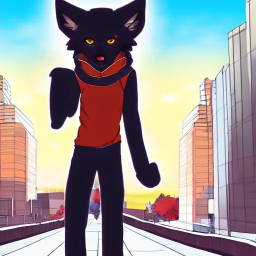 Image similar to key anime visual of a handsome male anthro wolf furry fursona wearing an edgy outfit as he walks outdoors in a city at sunset, official modern anime scene