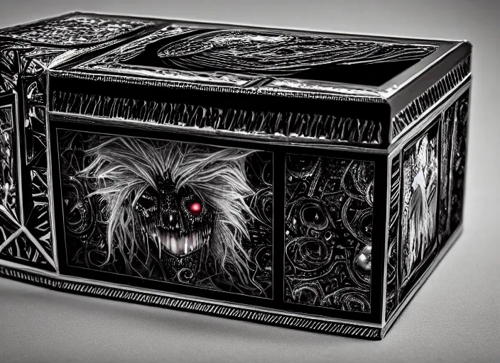 Image similar to reflective crystal box with horrors inside. Fantasy horror style. Highly detailed 8k. Intricate. Nikon d850 55mm. Award winning photography.