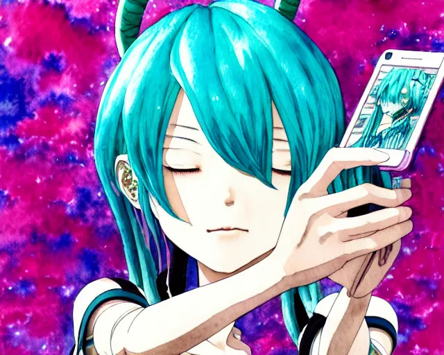 Image similar to a high detail watercolor of Hatsune Miku taking a selfie by Yukito Kishiro and katsuhiro otomo, illustration, hyper-detailed, colorful, complex, intricate, masterpiece, epic