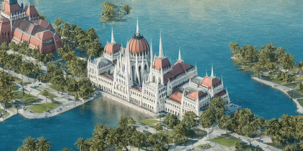 Image similar to hungarian parliament underwater-beach, palm trees behind, aerial shot, real photography, unreal-engine, 4k, highly detailed, trending on ArtStation, CGSociety